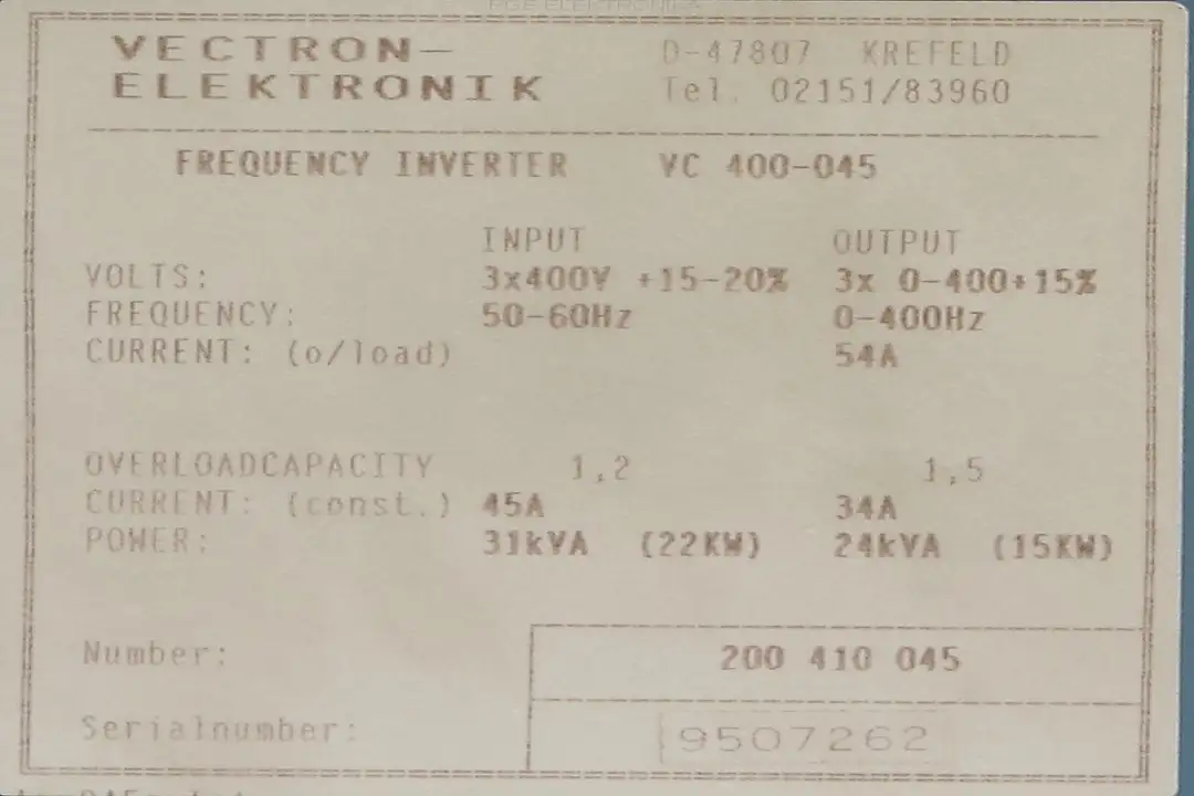 VC 400-045 DRIVE 54A 15KW VECTRON ELEKTRONIK